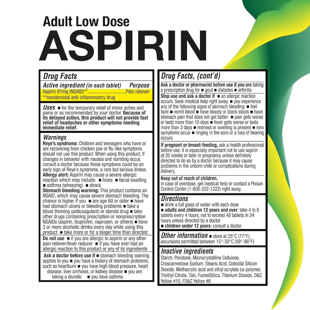 Puregen Labs Aspirin 81 mg Low Dose (NSAID) – 300 Enteric Coated Tablets - dailyvitalstore