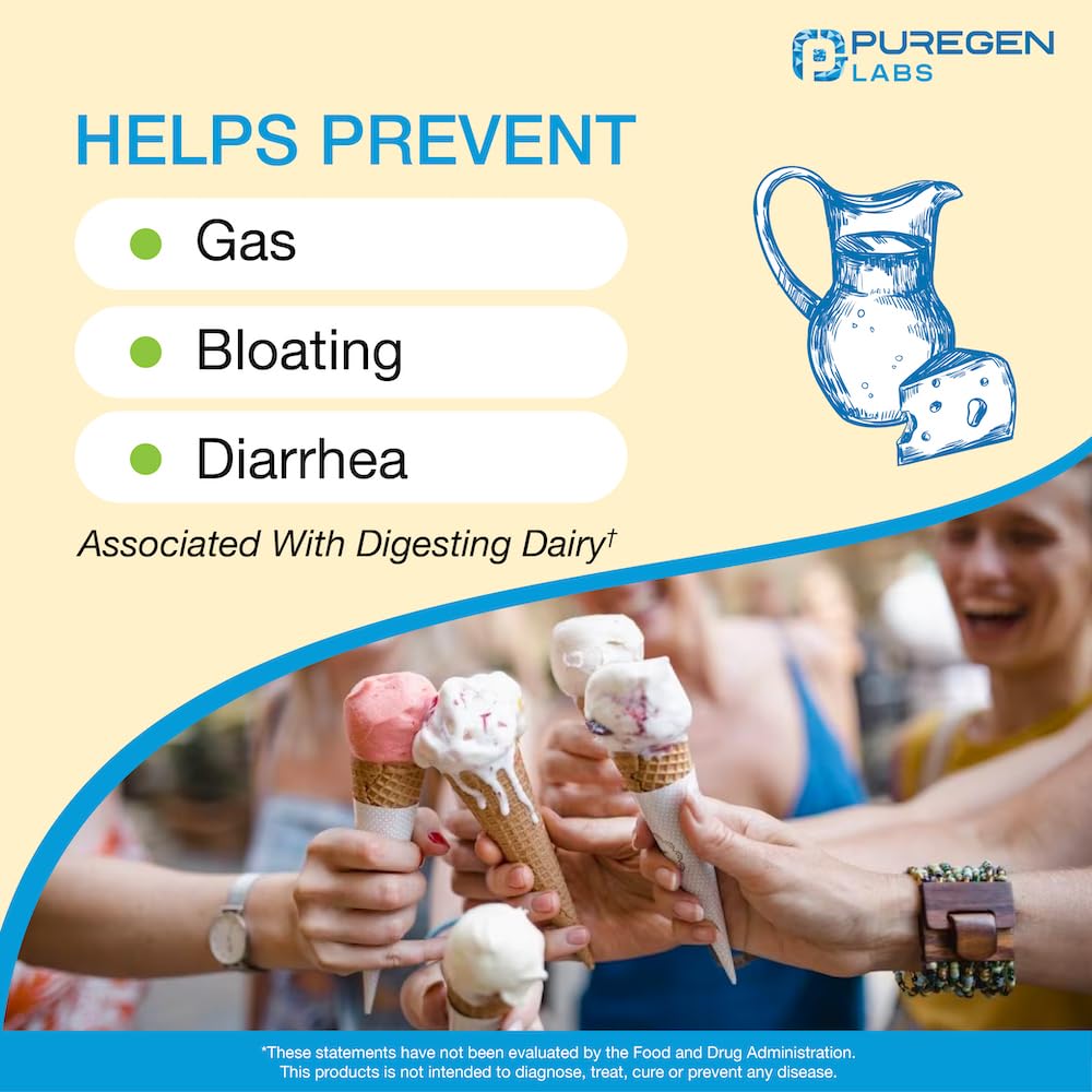 Puregen Labs Dairy Relief Natural Fast Acting Lactase Enzyme 3000 FCC, Lactose Intolerance Pills 90 Caplets - dailyvitalstore