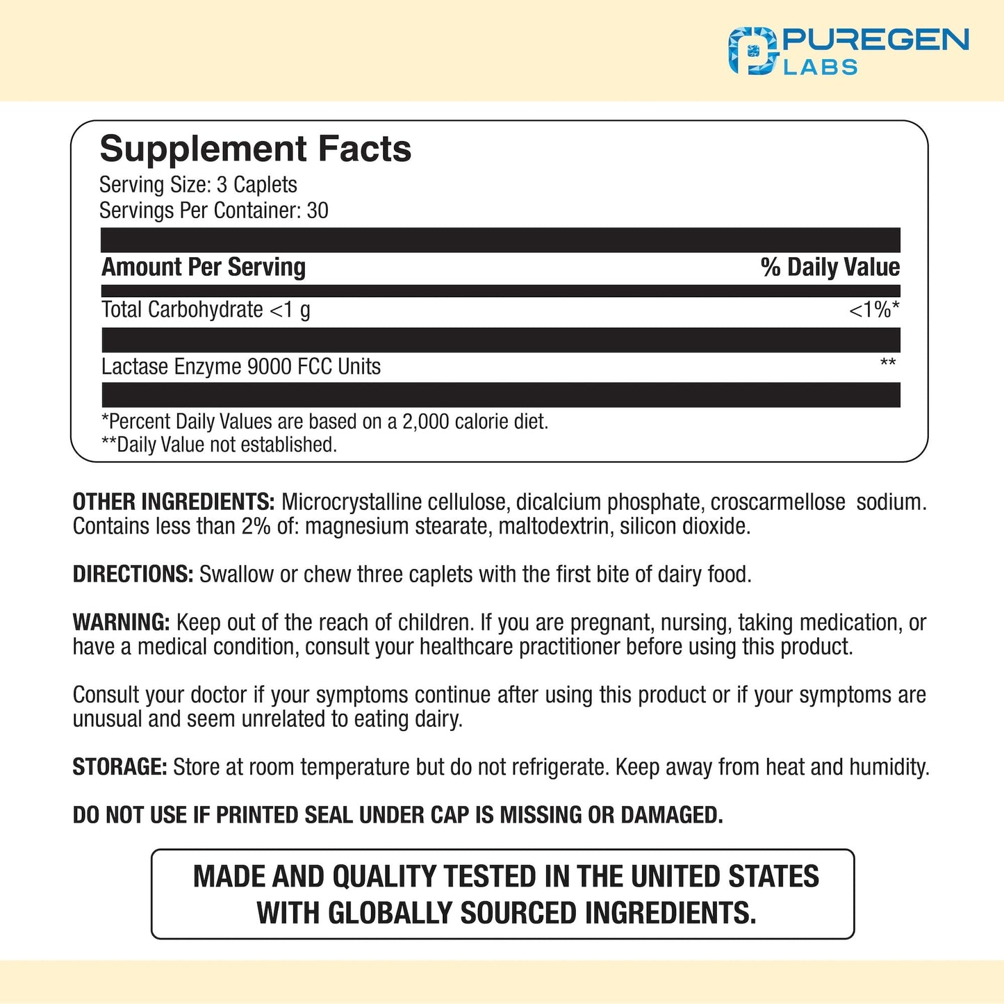 Puregen Labs Dairy Relief Natural Fast Acting Lactase Enzyme 3000 FCC, Lactose Intolerance Pills 90 Caplets - dailyvitalstore