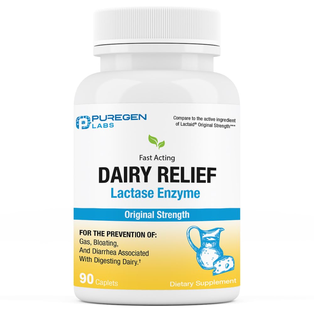 Puregen Labs Dairy Relief Natural Fast Acting Lactase Enzyme 3000 FCC, Lactose Intolerance Pills 90 Caplets - dailyvitalstore