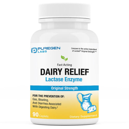 Puregen Labs Dairy Relief Natural Fast Acting Lactase Enzyme 3000 FCC, Lactose Intolerance Pills 90 Caplets - dailyvitalstore