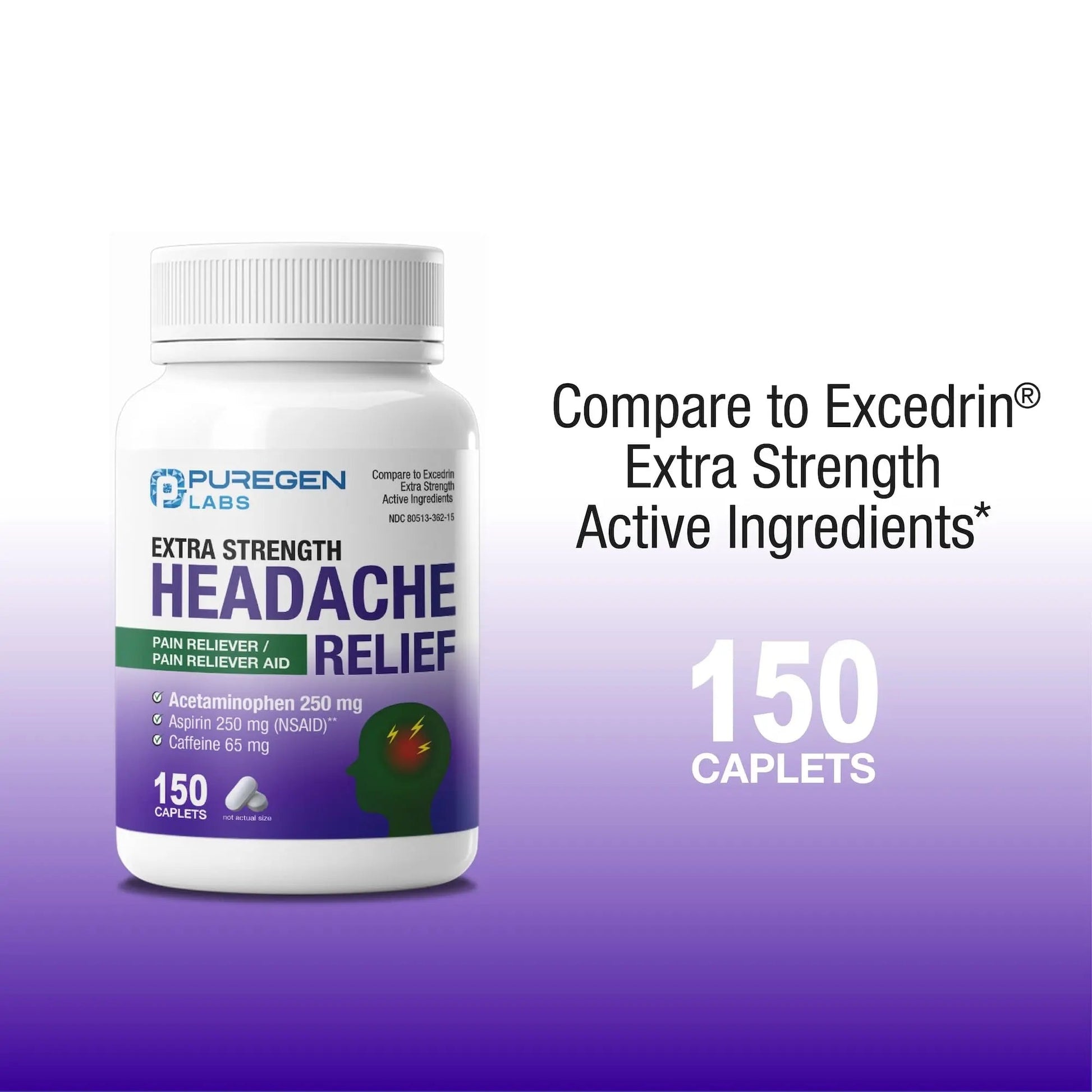 Puregen Labs Extra Strength Headache Caplets, Aspirin 250 mg (NSAID), Caffeine 65 mg, 150 Count - dailyvitalstore
