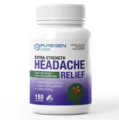 Puregen Labs Extra Strength Headache Caplets, Aspirin 250 mg (NSAID), Caffeine 65 mg, 150 Count - dailyvitalstore