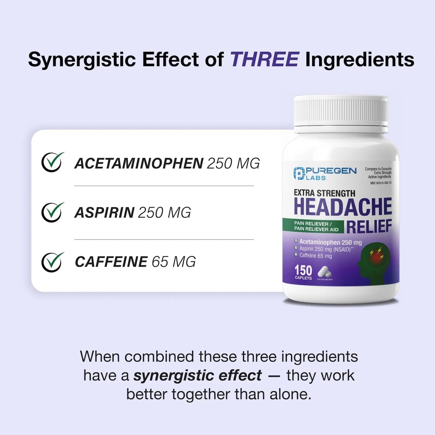 Puregen Labs Extra Strength Headache Caplets, Aspirin 250 mg (NSAID), Caffeine 65 mg, 150 Count - dailyvitalstore
