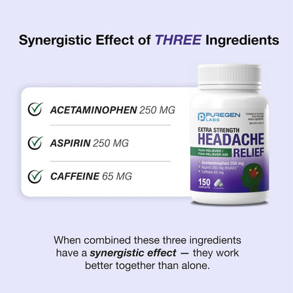 Puregen Labs Extra Strength Headache Caplets, Aspirin 250 mg (NSAID), Caffeine 65 mg, 150 Count - dailyvitalstore