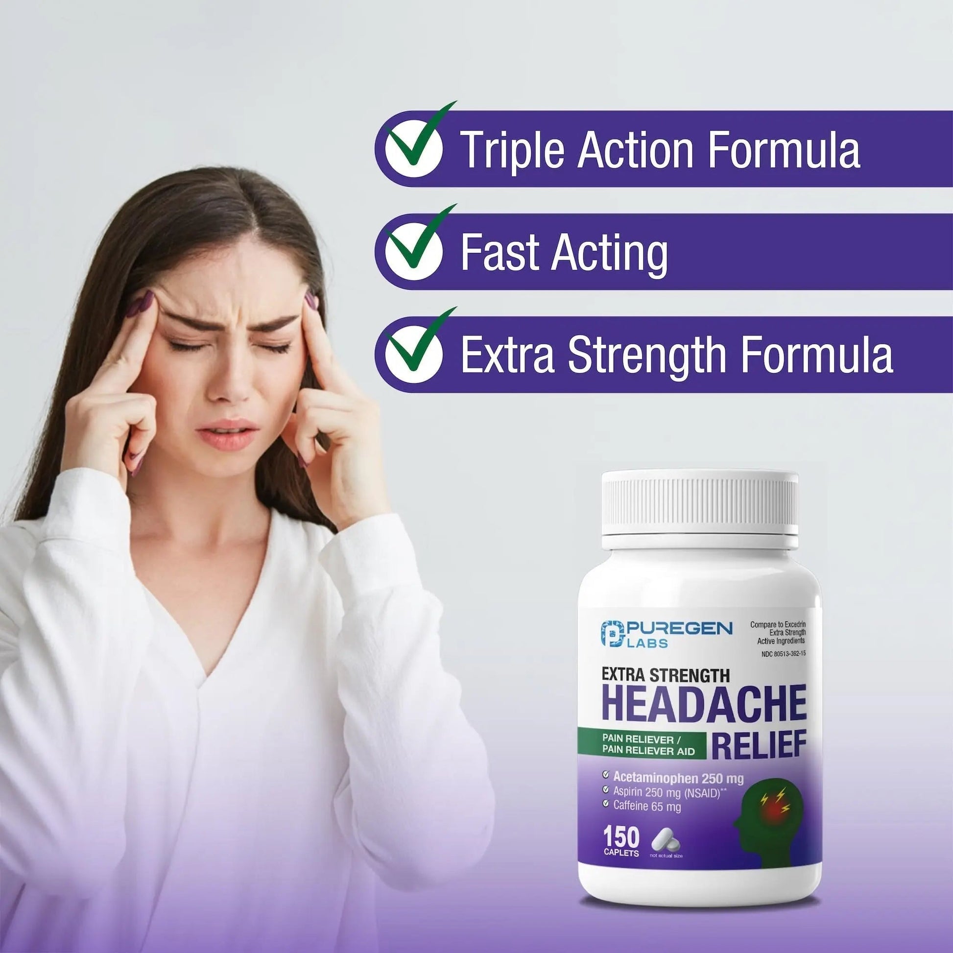 Puregen Labs Extra Strength Headache Caplets, Aspirin 250 mg (NSAID), Caffeine 65 mg, 150 Count - dailyvitalstore