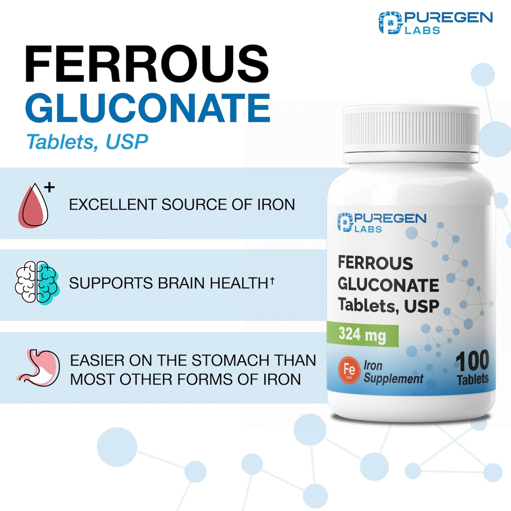 Puregen Labs Ferrous Gluconate 324 mg [High Potency] Iron Supplement, Gentle on Stomach - 100 Tablets - dailyvitalstore