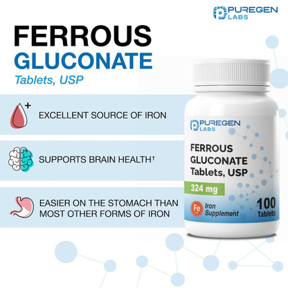 Puregen Labs Ferrous Gluconate 324 mg [High Potency] Iron Supplement, Gentle on Stomach - 100 Tablets - dailyvitalstore