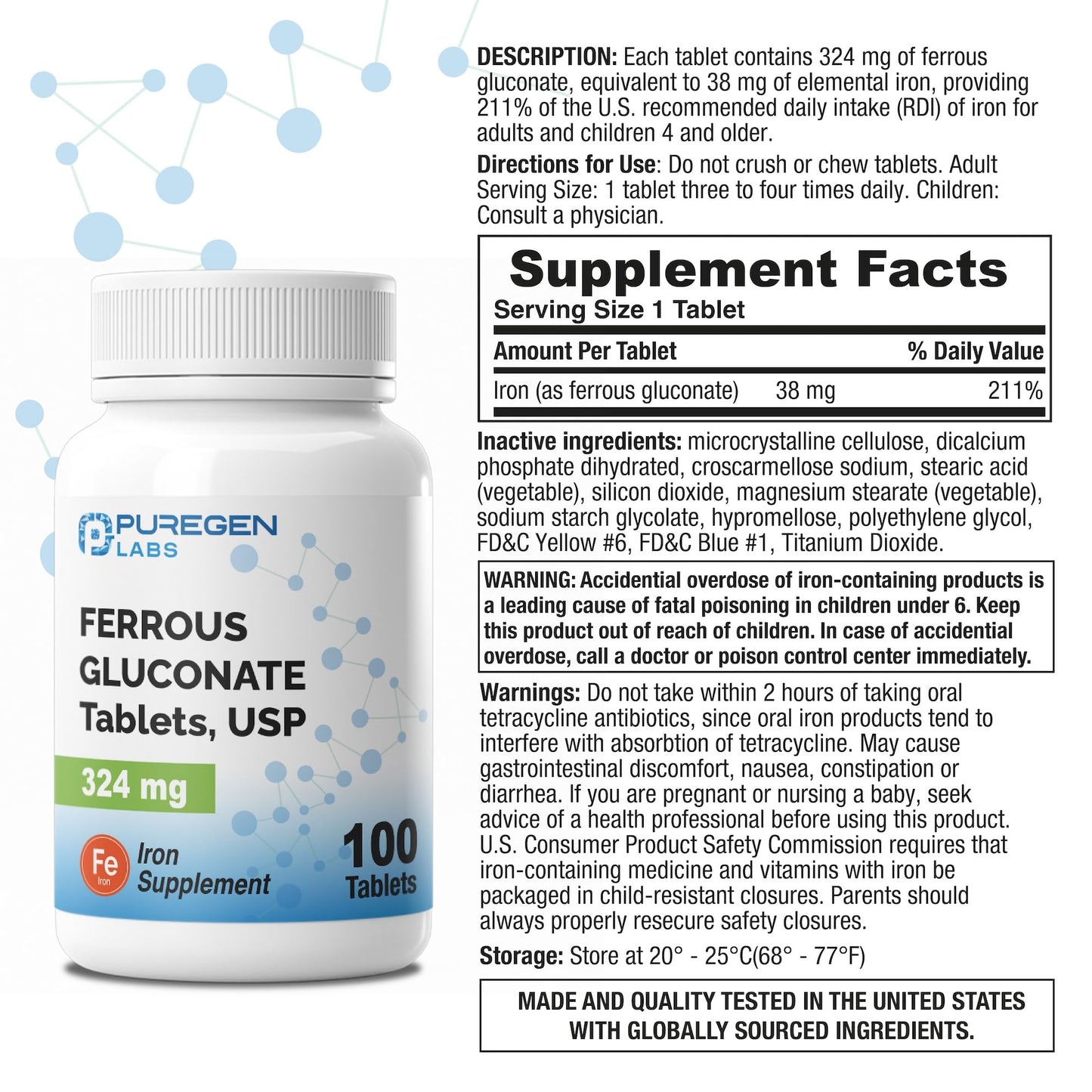 Puregen Labs Ferrous Gluconate 324 mg [High Potency] Iron Supplement, Gentle on Stomach - 100 Tablets - dailyvitalstore