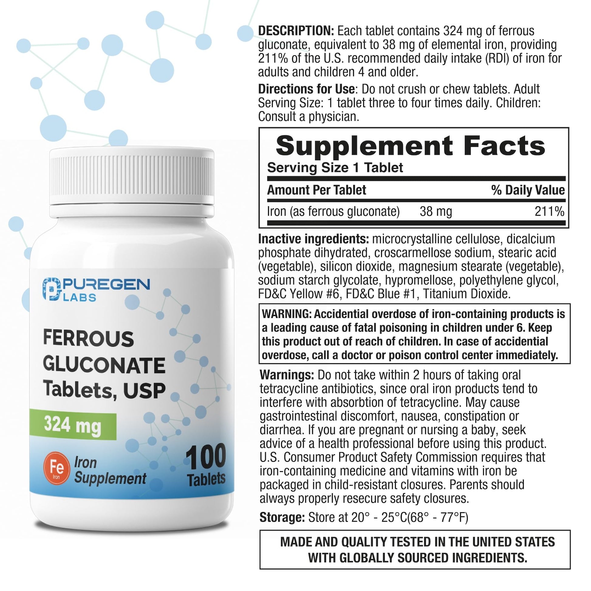 Puregen Labs Ferrous Gluconate 324 mg [High Potency] Iron Supplement, Gentle on Stomach - 100 Tablets - dailyvitalstore