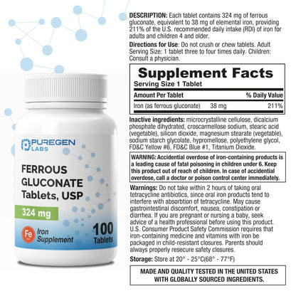 Puregen Labs Ferrous Gluconate 324 mg [High Potency] Iron Supplement, Gentle on Stomach - 100 Tablets - dailyvitalstore