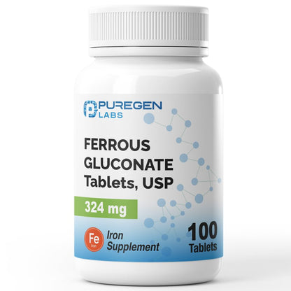 Puregen Labs Ferrous Gluconate 324 mg [High Potency] Iron Supplement, Gentle on Stomach - 100 Tablets - dailyvitalstore