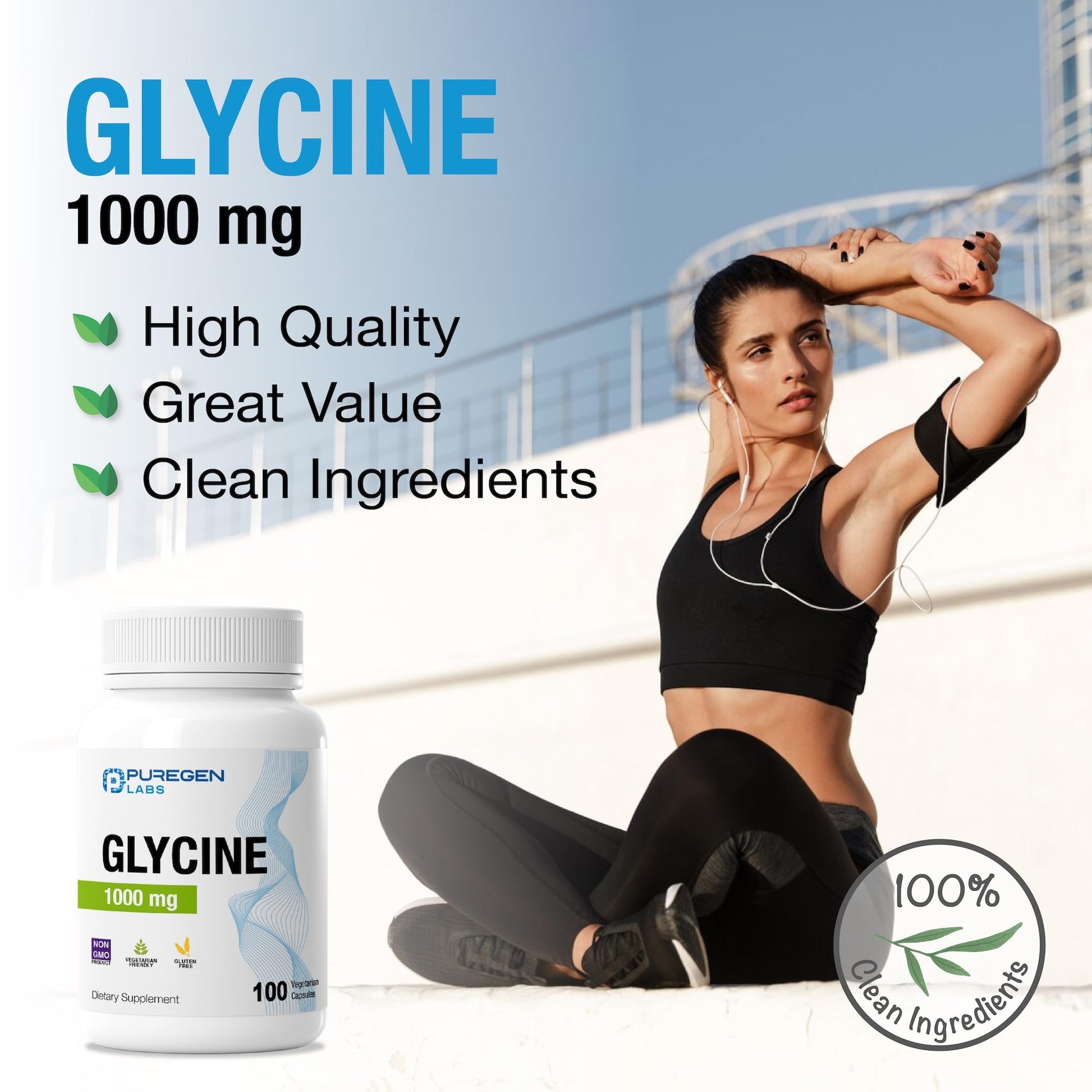 Puregen Labs Glycine 1000mg [High Potency] 100 Vegetarian Capsules, Promotes Healthy Rest | No Harmful Additives - dailyvitalstore