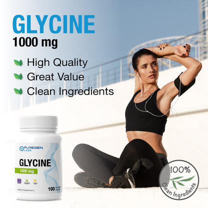 Puregen Labs Glycine 1000mg [High Potency] 100 Vegetarian Capsules, Promotes Healthy Rest | No Harmful Additives - dailyvitalstore