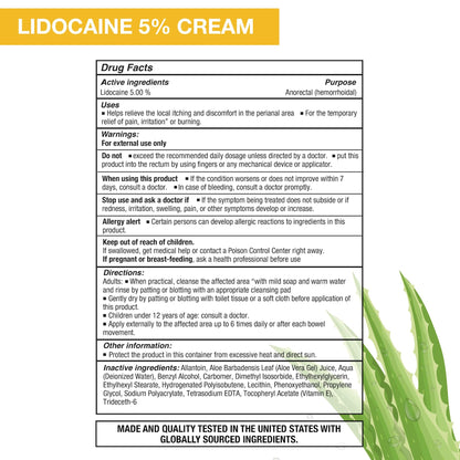 Puregen Labs Lidocaine 5% Anorectal (hemorrhoidal) Cream Maximum Strength | Enriched with Aloe-Vera | 6 Oz - dailyvitalstore