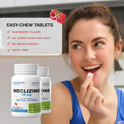 Puregen Labs Meclizine 25 mg Antiemetic 200 chewable Tablets | Motion Sickness Relief - Prevent Nausea, Vomiting, and Dizziness | Dairy Free | Value Pack – 200 chewable Tablets - dailyvitalstore