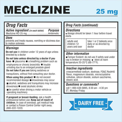 Puregen Labs Meclizine 25 mg Antiemetic 200 chewable Tablets | Motion Sickness Relief - Prevent Nausea, Vomiting, and Dizziness | Dairy Free | Value Pack – 200 chewable Tablets - dailyvitalstore