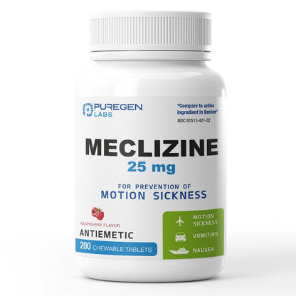 Puregen Labs Meclizine 25 mg Antiemetic 200 chewable Tablets | Motion Sickness Relief - Prevent Nausea, Vomiting, and Dizziness | Dairy Free | Value Pack – 200 chewable Tablets - dailyvitalstore