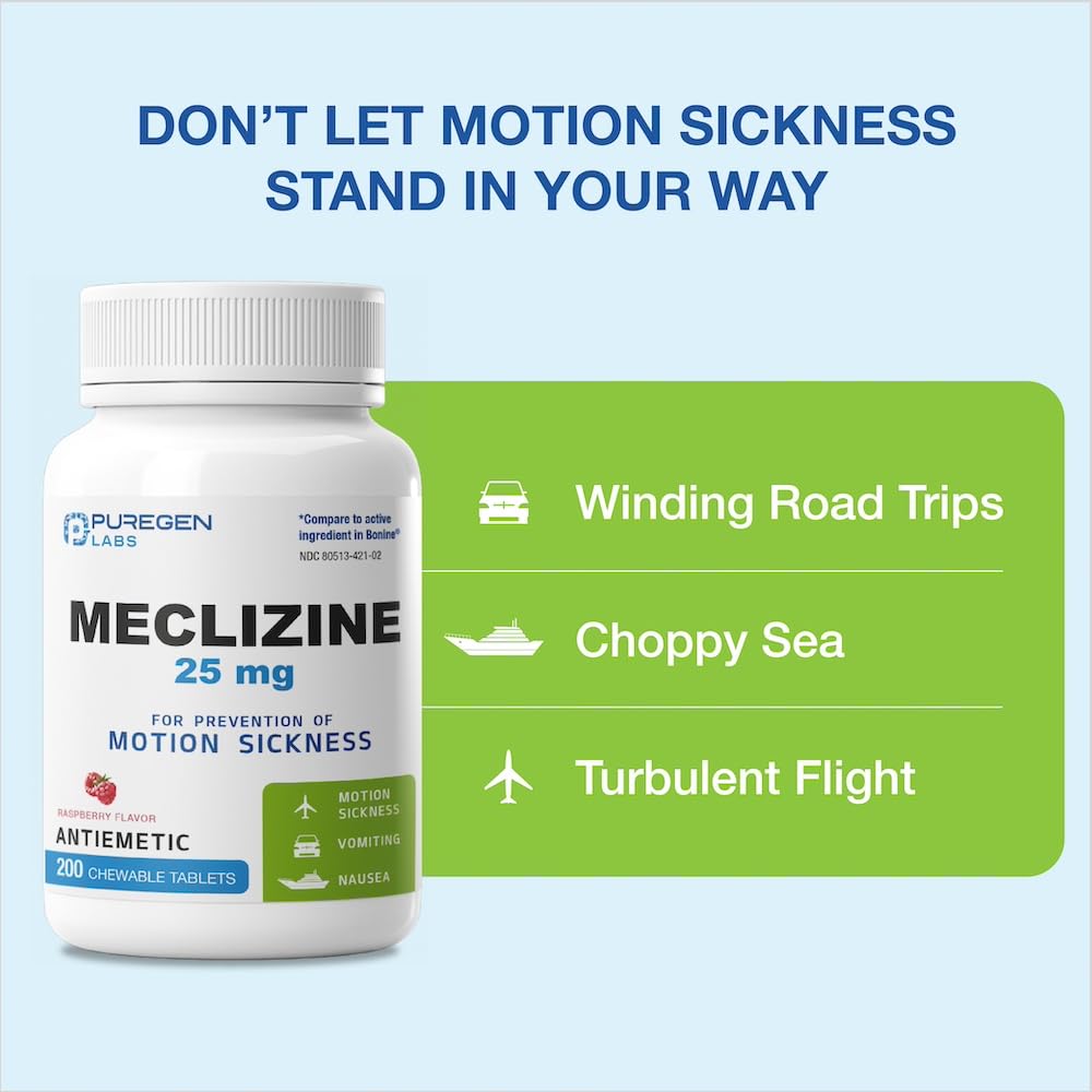 Puregen Labs Meclizine 25 mg Antiemetic 200 chewable Tablets | Motion Sickness Relief - Prevent Nausea, Vomiting, and Dizziness | Dairy Free | Value Pack – 200 chewable Tablets - dailyvitalstore