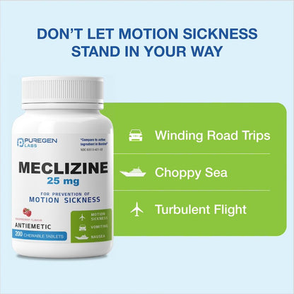Puregen Labs Meclizine 25 mg Antiemetic 200 chewable Tablets | Motion Sickness Relief - Prevent Nausea, Vomiting, and Dizziness | Dairy Free | Value Pack – 200 chewable Tablets - dailyvitalstore