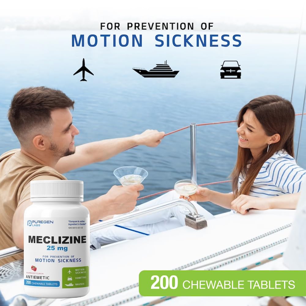 Puregen Labs Meclizine 25 mg Antiemetic 200 chewable Tablets | Motion Sickness Relief - Prevent Nausea, Vomiting, and Dizziness | Dairy Free | Value Pack – 200 chewable Tablets - dailyvitalstore