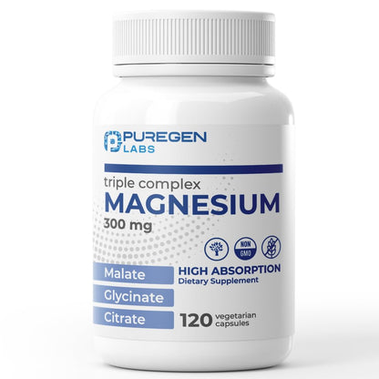 Puregen Labs Triple Magnesium Complex 300mg of Magnesium Glycinate, Malate, & Citrate [High Absorption] 120 Veg Capsules | No Harmful Additives | Non-GMO, NO Gluten and Dairy - dailyvitalstore