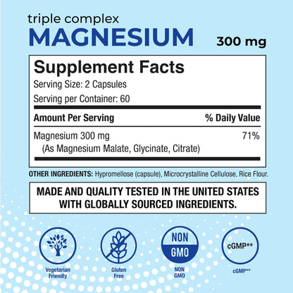 Puregen Labs Triple Magnesium Complex 300mg of Magnesium Glycinate, Malate, & Citrate [High Absorption] 120 Veg Capsules | No Harmful Additives | Non-GMO, NO Gluten and Dairy - dailyvitalstore