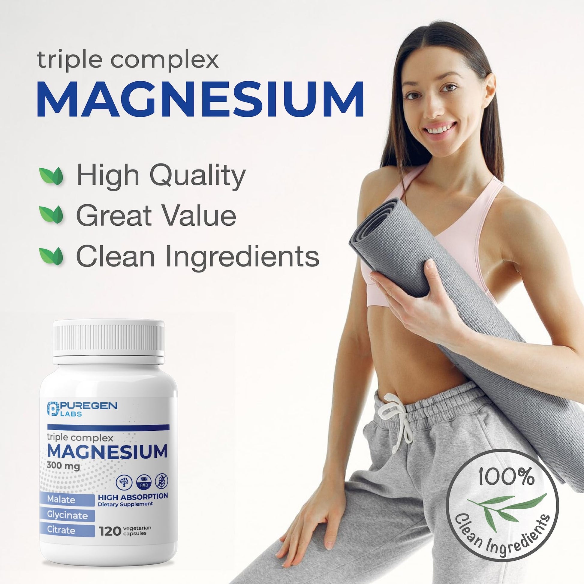 Puregen Labs Triple Magnesium Complex 300mg of Magnesium Glycinate, Malate, & Citrate [High Absorption] 120 Veg Capsules | No Harmful Additives | Non-GMO, NO Gluten and Dairy - dailyvitalstore