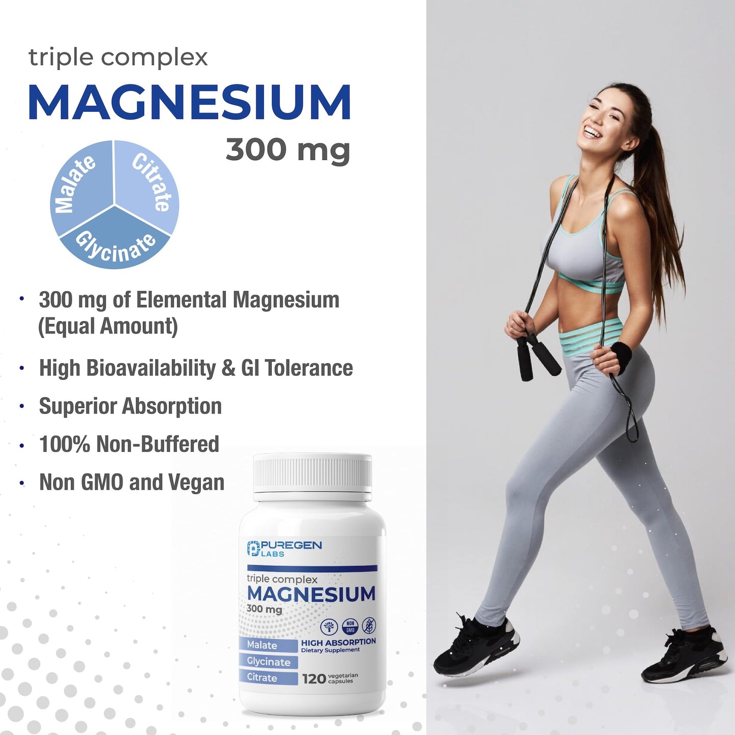 Puregen Labs Triple Magnesium Complex 300mg of Magnesium Glycinate, Malate, & Citrate [High Absorption] 120 Veg Capsules | No Harmful Additives | Non-GMO, NO Gluten and Dairy - dailyvitalstore