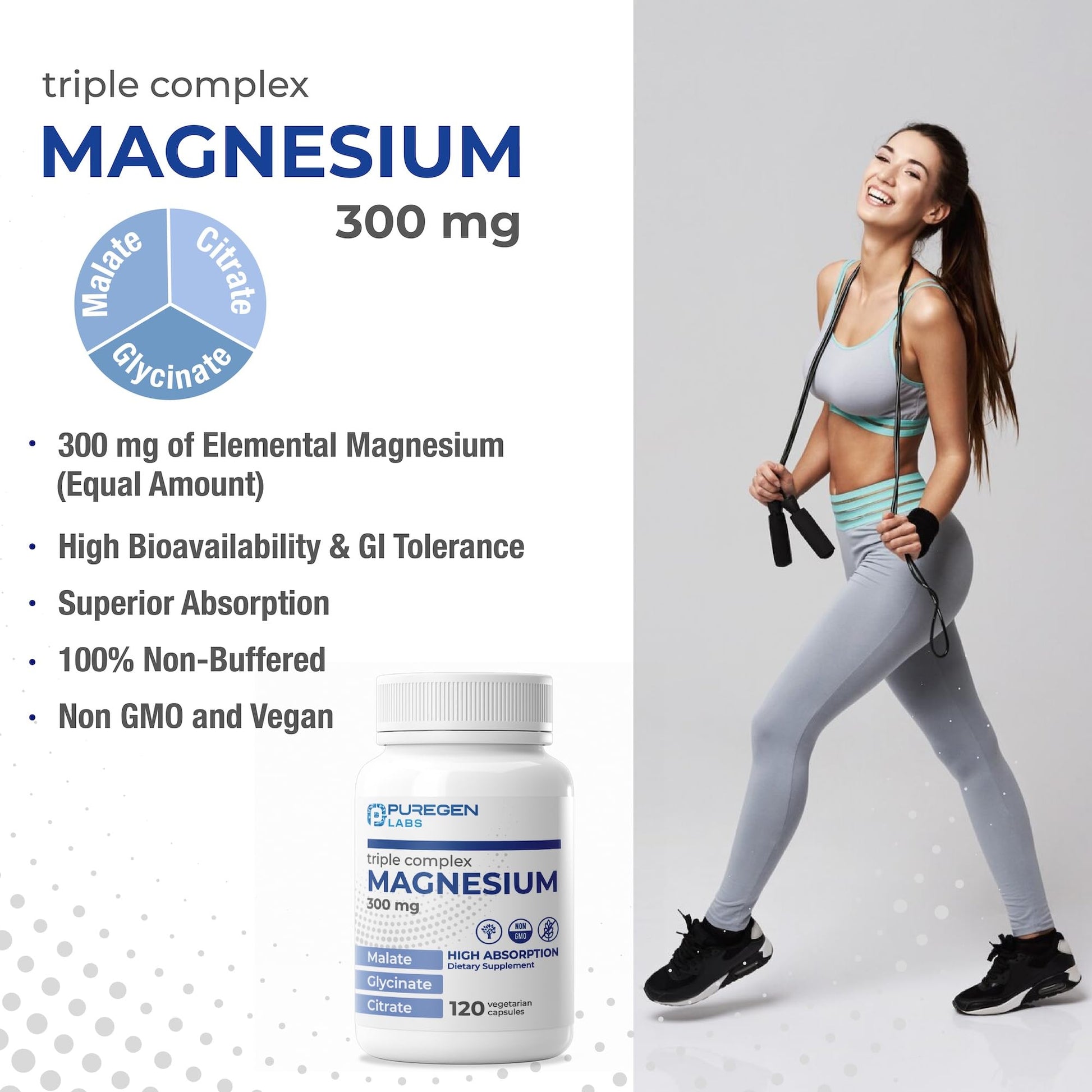 Puregen Labs Triple Magnesium Complex 300mg of Magnesium Glycinate, Malate, & Citrate [High Absorption] 120 Veg Capsules | No Harmful Additives | Non-GMO, NO Gluten and Dairy - dailyvitalstore