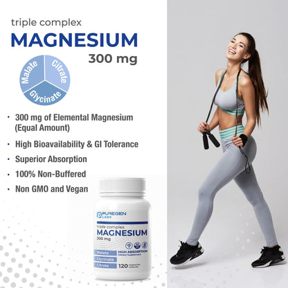 Puregen Labs Triple Magnesium Complex 300mg of Magnesium Glycinate, Malate, & Citrate [High Absorption] 120 Veg Capsules | No Harmful Additives | Non-GMO, NO Gluten and Dairy - dailyvitalstore