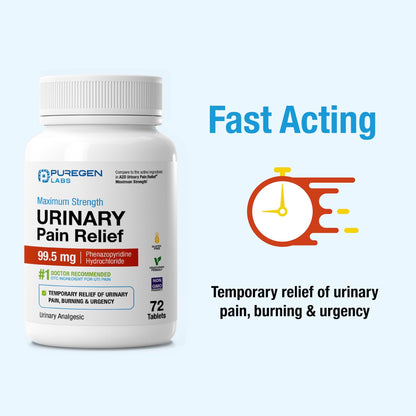 Puregen Labs Urinary Pain Relief | Phenazopyridine HCl 99.5mg Tablets | Maximum Strength OTC for Fast Relief of UTI Pain, Burning and Bladder discomfort – 72 Count Tablets - dailyvitalstore