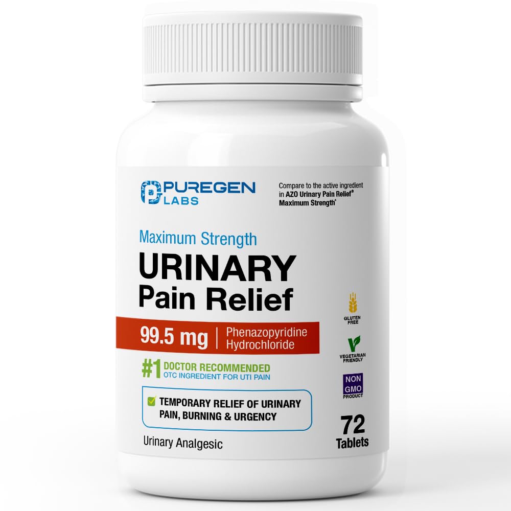 Puregen Labs Urinary Pain Relief | Phenazopyridine HCl 99.5mg Tablets | Maximum Strength OTC for Fast Relief of UTI Pain, Burning and Bladder discomfort – 72 Count Tablets - dailyvitalstore