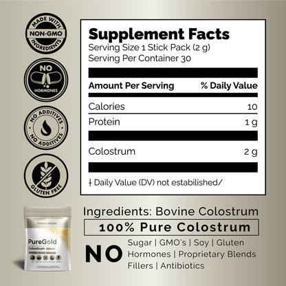 PureGold - Bovine Colostrum Powder - 100% Pure New Zealand Grass Fed, Supports Gut Health, Skin, Hair, & Immunity - dailyvitalstore