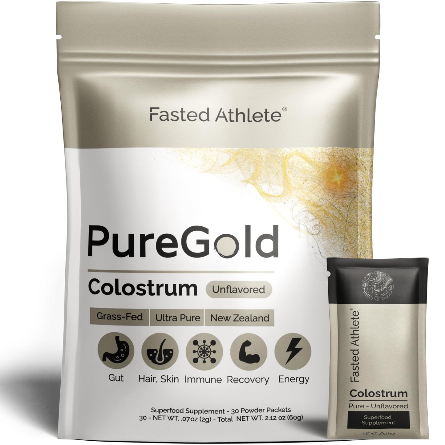 PureGold - Bovine Colostrum Powder - 100% Pure New Zealand Grass Fed, Supports Gut Health, Skin, Hair, & Immunity – Colostrum Supplement, Unflavored, 30 Travel Packets - dailyvitalstore