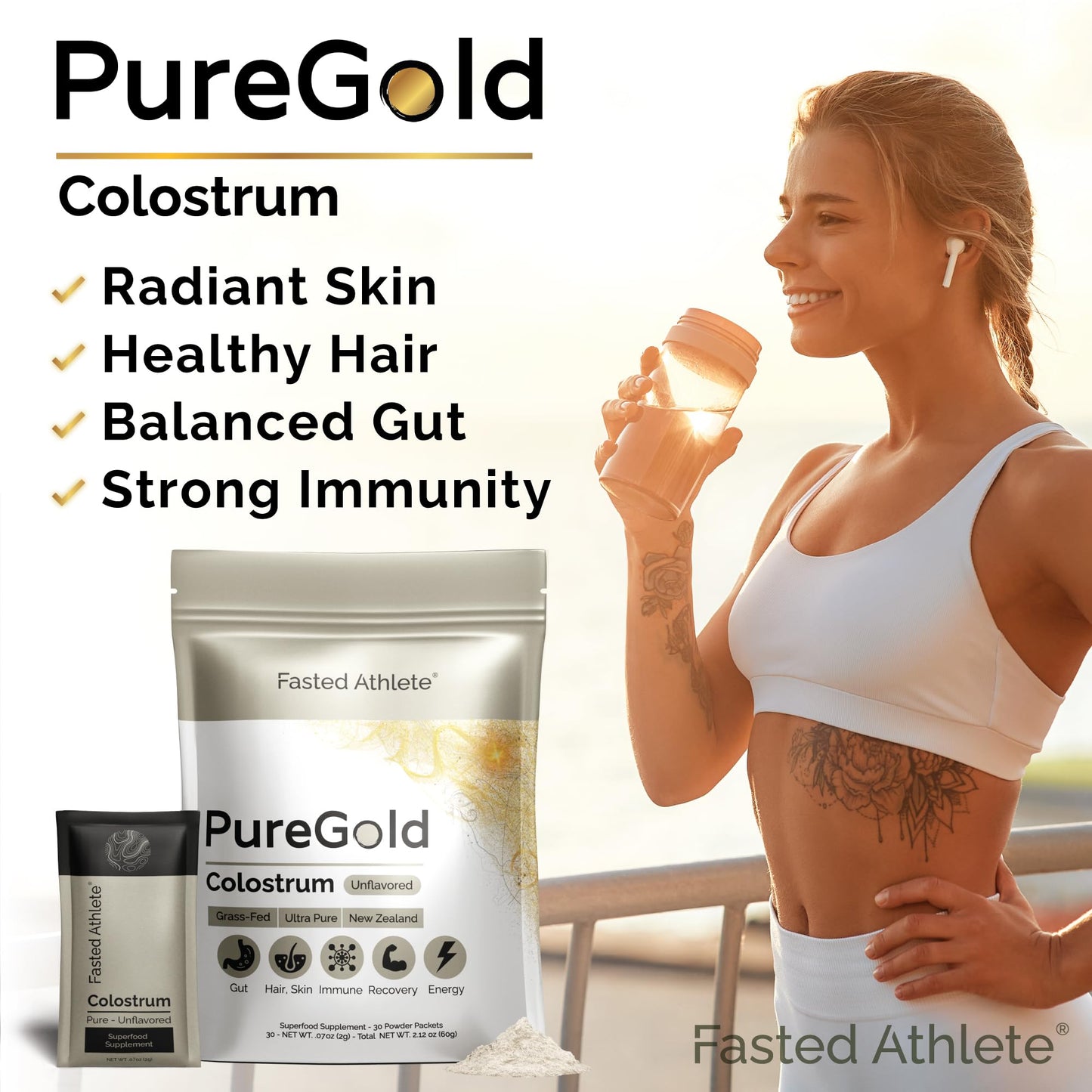 PureGold - Bovine Colostrum Powder - 100% Pure New Zealand Grass Fed, Supports Gut Health, Skin, Hair, & Immunity – Colostrum Supplement, Unflavored, 30 Travel Packets - dailyvitalstore