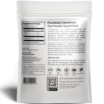 PureGold - Bovine Colostrum Powder - 100% Pure New Zealand Grass Fed, Supports Gut Health, Skin, Hair, & Immunity – Colostrum Supplement, Unflavored, 30 Travel Packets - dailyvitalstore