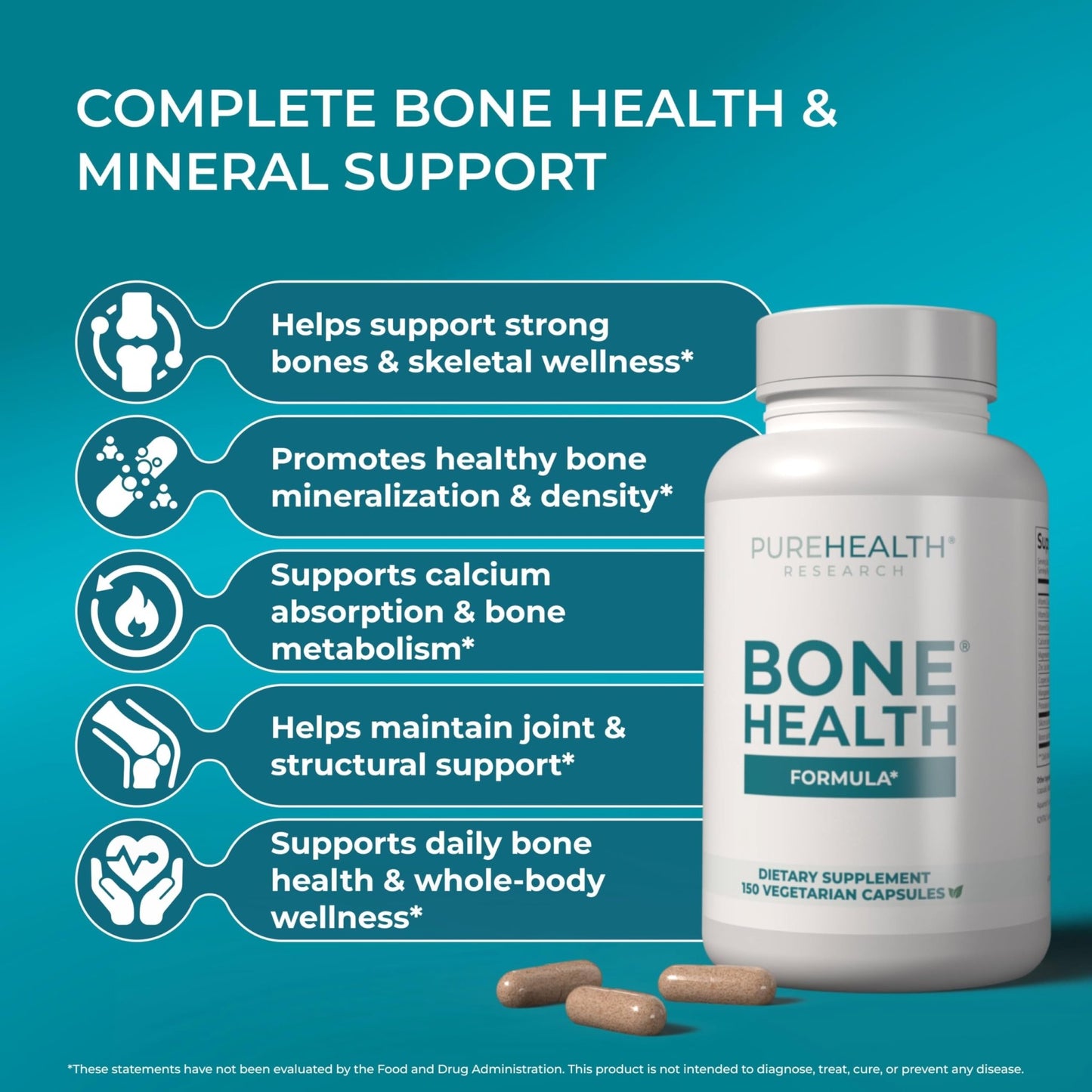 PUREHEALTH RESEARCH Bone Health Formula - for Bones, Joint & Skeletal Wellness - with Calcium, Magnesium, Zinc, Copper, Manganese, Potassium, Vitamin K2, D3, C & More for Women & Men - 150 Capsules - dailyvitalstore