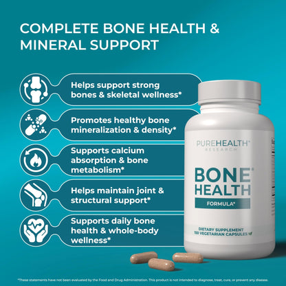 PUREHEALTH RESEARCH Bone Health Formula - for Bones, Joint & Skeletal Wellness - with Calcium, Magnesium, Zinc, Copper, Manganese, Potassium, Vitamin K2, D3, C & More for Women & Men - 150 Capsules - dailyvitalstore
