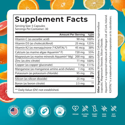 PUREHEALTH RESEARCH Bone Health Formula - for Bones, Joint & Skeletal Wellness - with Calcium, Magnesium, Zinc, Copper, Manganese, Potassium, Vitamin K2, D3, C & More for Women & Men - 150 Capsules - dailyvitalstore