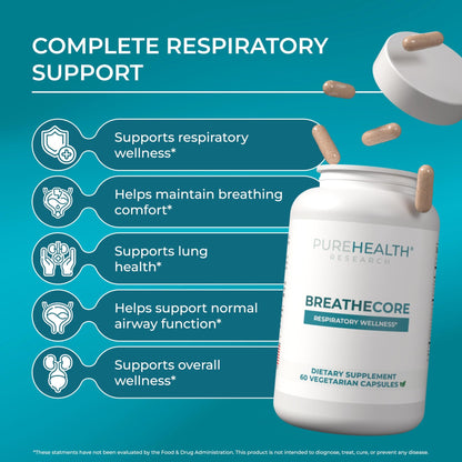 PUREHEALTH RESEARCH BreatheCore - Lung Detox for Smokers - Lung Cleanse & Support Supplement for Women & Men - Ginger Root, Ginkgo Biloba, St Johns Wort, Panax Ginseng & More - 60 Capsules - dailyvitalstore