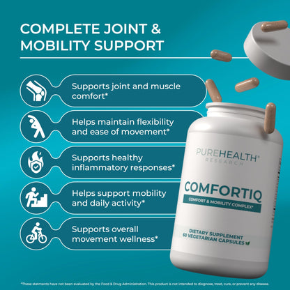 PUREHEALTH RESEARCH Comfortiq - Back Discomfort Supplement - Joint Health Support for Women & Men - with CoQ10, Turmeric, Acetyl L-Carnitine, Boswellia & More - 60 Capsules - dailyvitalstore