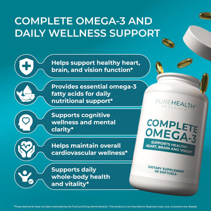 PUREHEALTH RESEARCH Complete Omega 3 Fish Oil Softgels - Omega-3 Fatty Acid Supplements for Women & Men - EPA DHA Supplement for Hearth, - dailyvitalstore