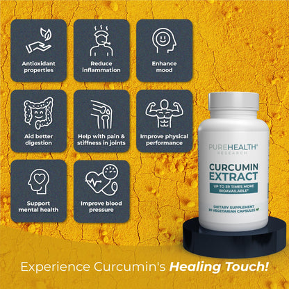 PUREHEALTH RESEARCH Curcumin Extract - High Absorption Turmeric Supplement for Robust Immune Support - Joint Support for Overworked Joints and Muscles - Powered by Curcugen x39 Bioavailable - 1 Bottle - dailyvitalstore