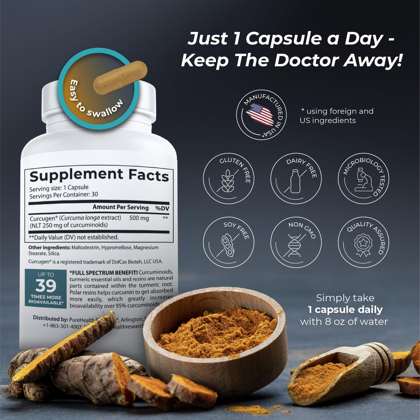 PUREHEALTH RESEARCH Curcumin Extract - High Absorption Turmeric Supplement for Robust Immune Support - Joint Support for Overworked Joints and Muscles - Powered by Curcugen x39 Bioavailable - 1 Bottle - dailyvitalstore