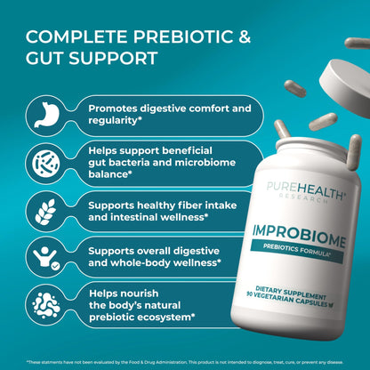 PUREHEALTH Research Improbiome - Prebiotic Fiber - Natural Support for Healthy Gut Prebiotics - Digestive Nutritional Supplements - with Jerusalem Artichoke, Apple Pectin & More - 90 Capsules - dailyvitalstore
