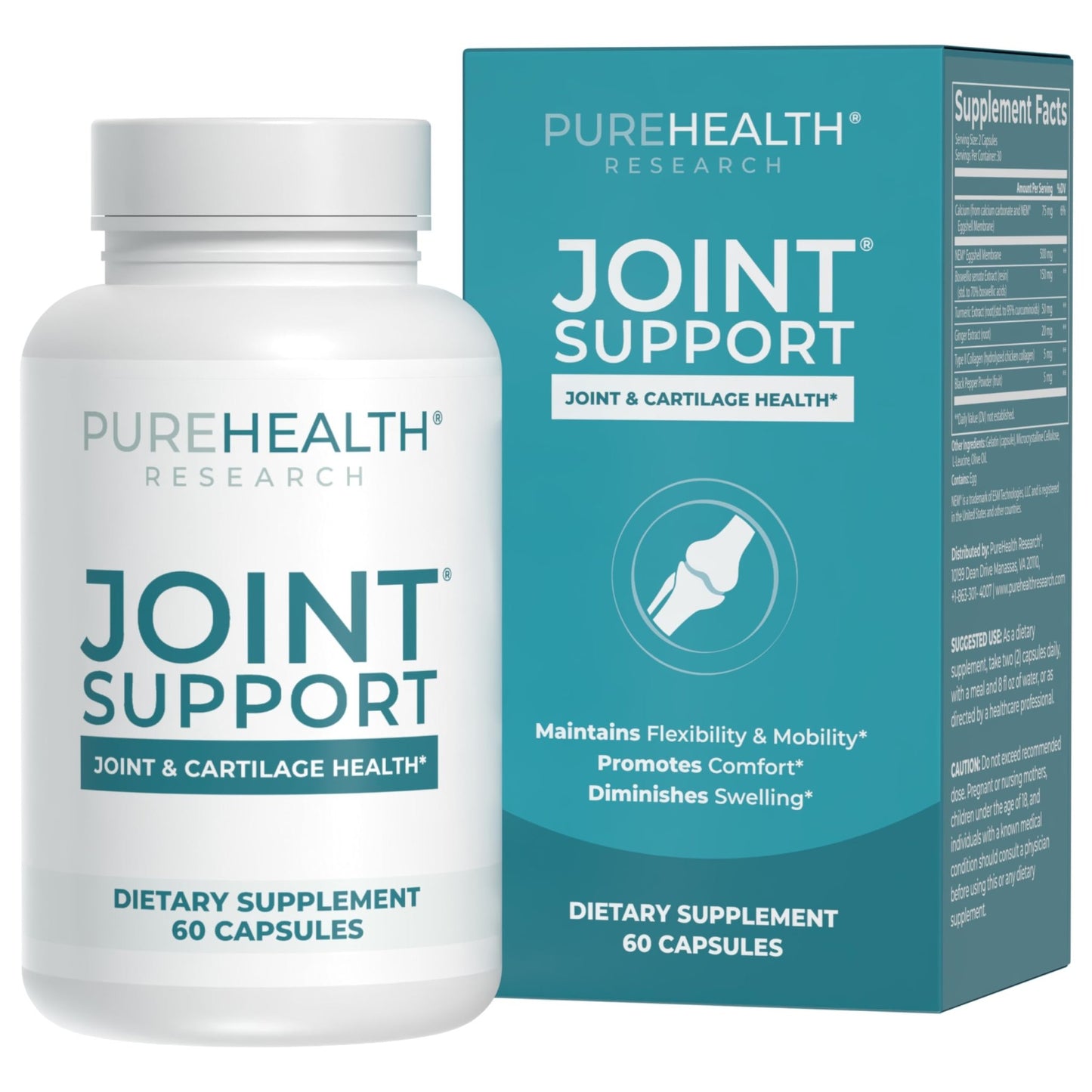 PUREHEALTH RESEARCH Joint Support NEM Eggshell Membrane with Boswellia Extract, Calcium & Turmeric, 60 Capsules - dailyvitalstore