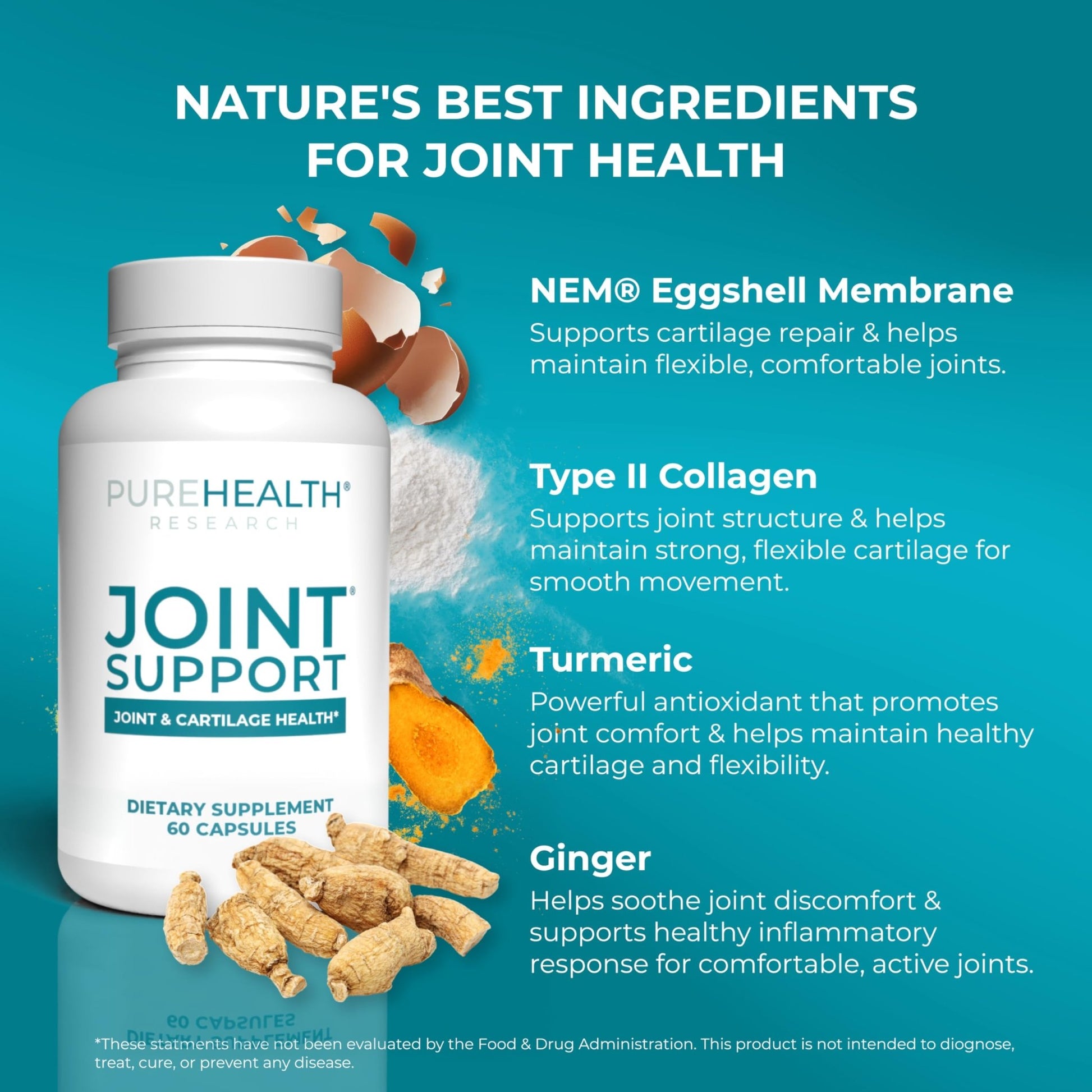 PUREHEALTH RESEARCH Joint Support NEM Eggshell Membrane with Boswellia Extract, Calcium & Turmeric, 60 Capsules - dailyvitalstore