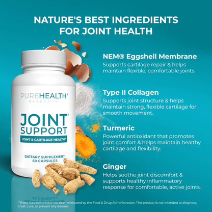 PUREHEALTH RESEARCH Joint Support NEM Eggshell Membrane with Boswellia Extract, Calcium & Turmeric, 60 Capsules - dailyvitalstore