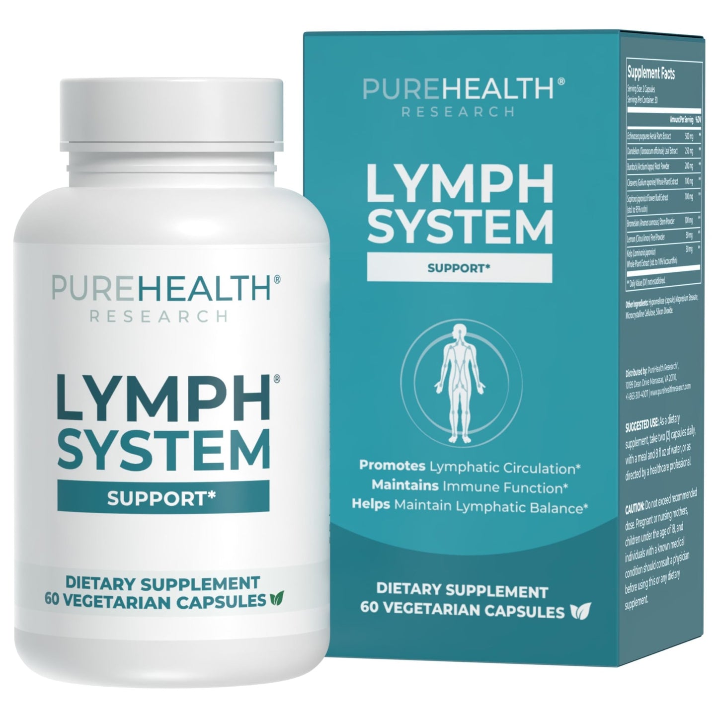 PUREHEALTH RESEARCH Lymph System Support - Lymphatic Drainage Supplement for Women & Men - Bromelain, Echinacea, Dandelion, Burdock Root, Lemon Powder, Kelp, Cleavers & More - 60 Capsules - dailyvitalstore